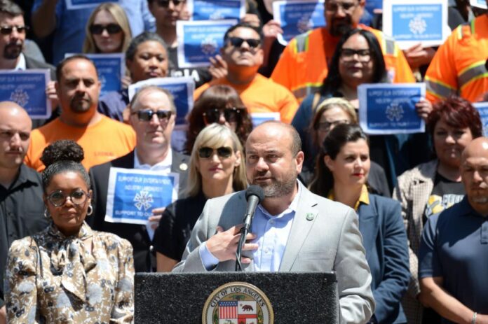 April 29, 2025- Actress Yvette Nicole Brown and Councilmember Adrin Nazarian address crowd of union members after today's Council vote. (Council Photo) Council Approves Nazarian Motion on L.A. Film Production Motion seeks to streamline permit process, revitalize film production